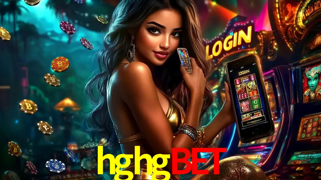 Mulher em um cenário de cassino temático de aventura, mostrando o app de caça-níqueis da hghgbet no celular. Fichas de apostas flutuam ao redor.