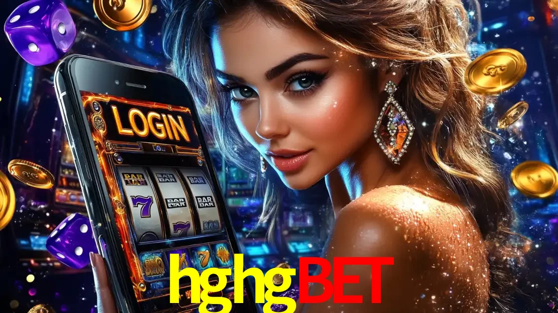 Mulher glamorosa segurando um smartphone com a tela de login para os jogos de caça-níqueis do cassino online hghgbet, com moedas de ouro e dados ao redor.